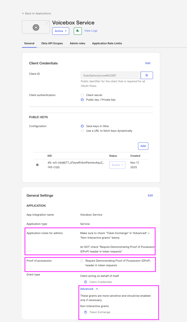 Creating the Voicebox Service application in Okta