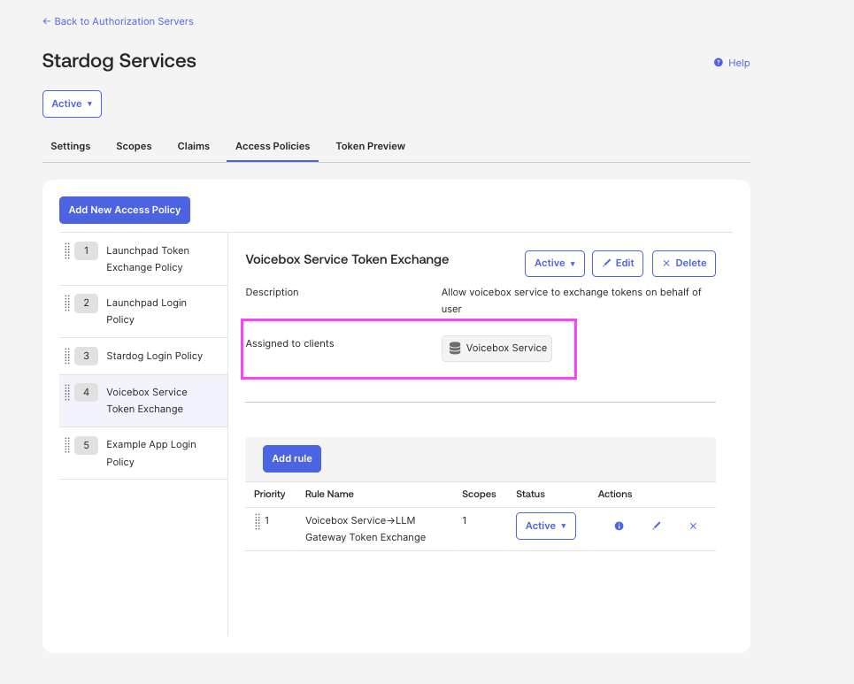 Voicebox token exchange policy in Okta