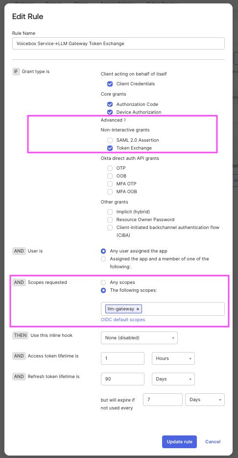 Voicebox token exchange rule in Okta