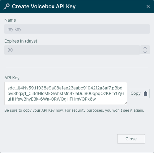 Copy Voicebox App Key Dialog