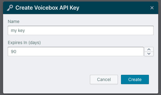 Create Voicebox App Key Dialog